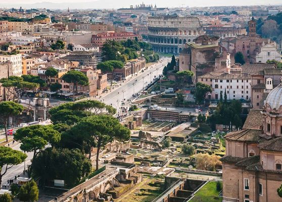 The view from the top of the Capitoline Hill over the Roman Forum and the Colosseum