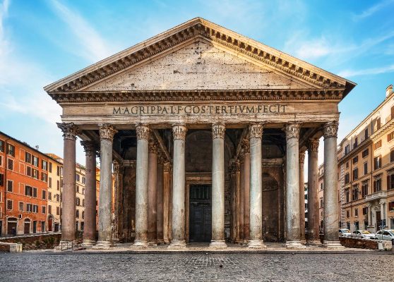 Facade of the Pantheon in Rome with Corinthian colonnade and Agrippa inscription