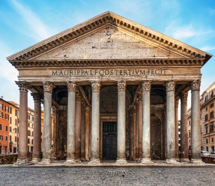 Facade of the Pantheon in Rome with Corinthian colonnade and Agrippa inscription