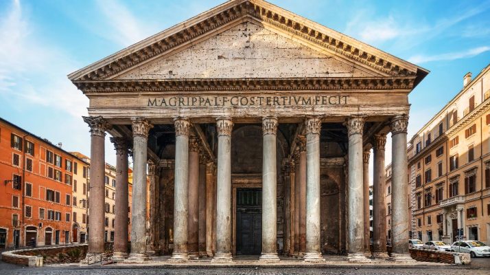 Facade of the Pantheon in Rome with Corinthian colonnade and Agrippa inscription