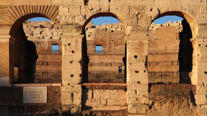 View of the Colosseum from the south, highlighting its ancient arches.