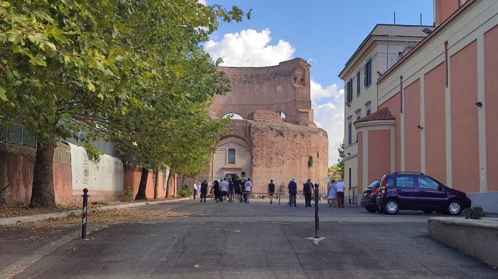 Visitors approaching the Mausoleo di Elena, a 4th-century Roman monument in Rome.