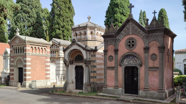 Mausoleums and tombs at the Monumental Cemetery of Verano in Rome.