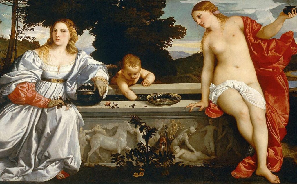 Raphael. Titian. Sacred Love and Profane Love, (detail), circa 1514, oil on canvas