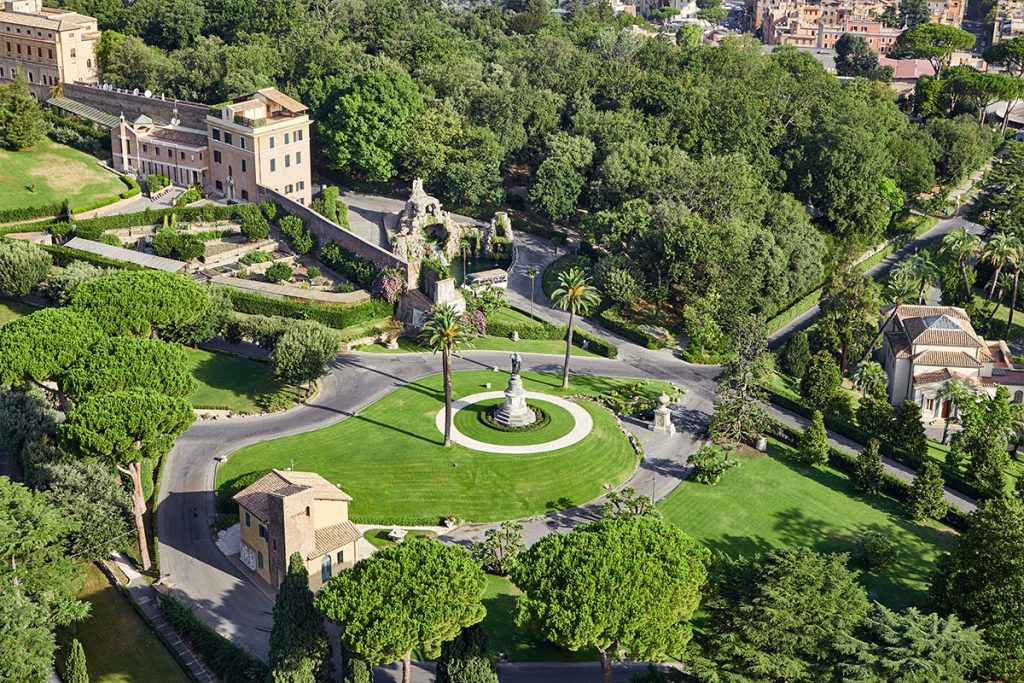Vatican Gardens: aerial view with the Monument to Saint Peter, Gardener’s House, and Monastero Mater Ecclesiae