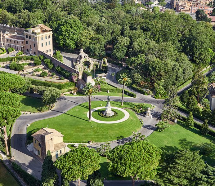 Vatican Gardens: aerial view with the Monument to Saint Peter, Gardener’s House, and Monastero Mater Ecclesiae